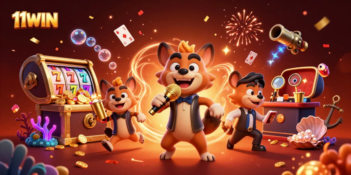 11WIN showcases a lively casino scene with hyenas performing and fun game elements.