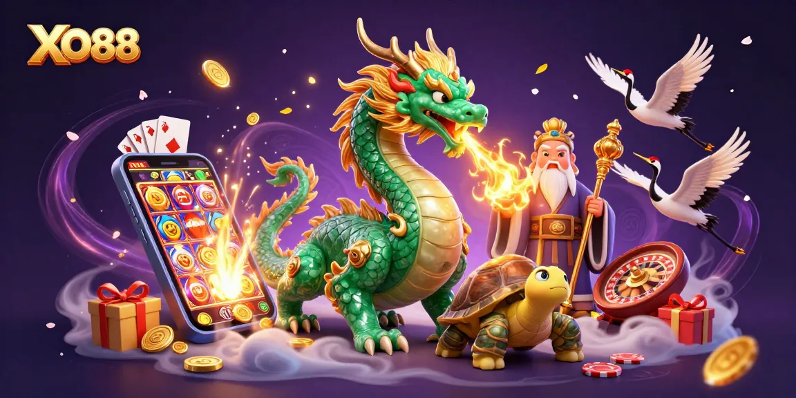 Experience thrilling excitement at XO88 with a vibrant scene of a jade dragon, turtles, and lucky cranes winning at casino games.
