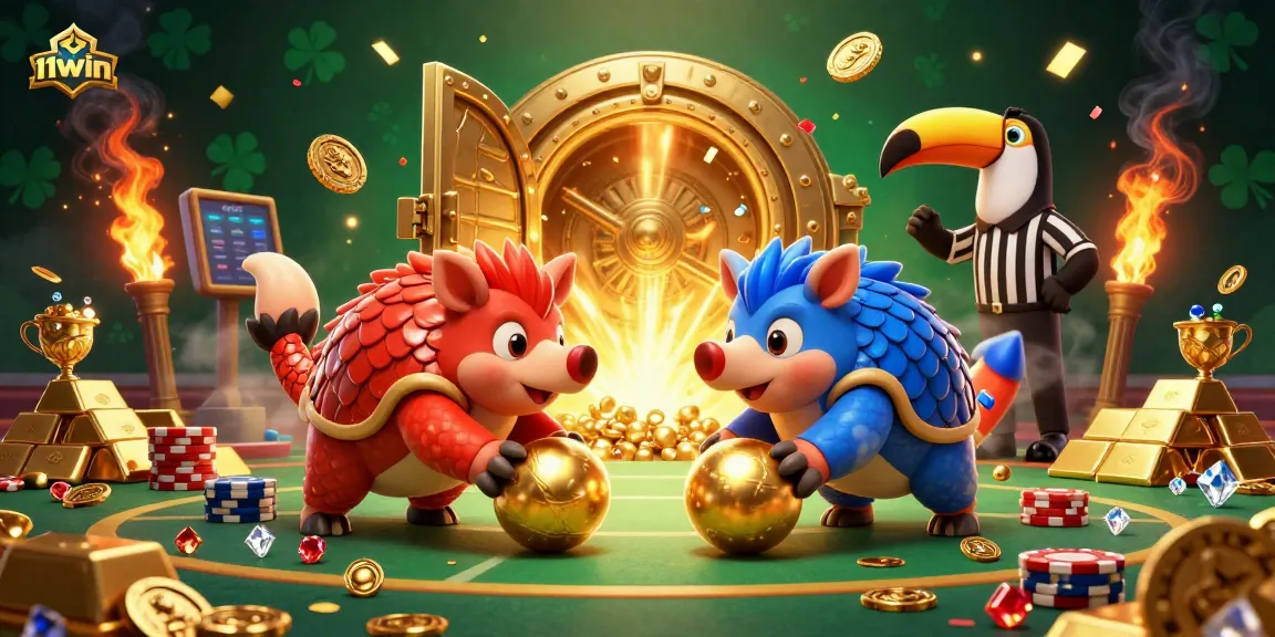 Experience thrilling gaming action with 11WIN as rival pangolins compete amidst golden treasures and poker chips.