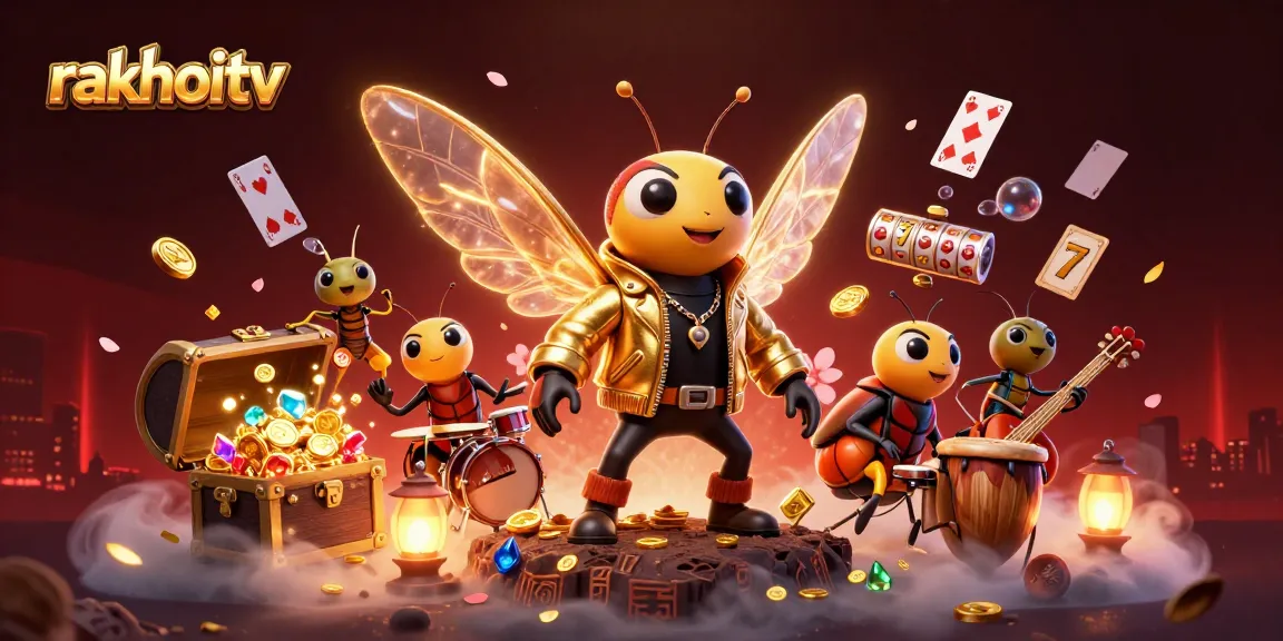 Experience thrilling gameplay at rakhoitv with a dynamic scene of a rock star cicada in vibrant casino elements.