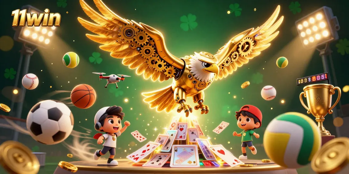11WIN showcases an exciting, dynamic scene of playful sports betting with vibrant elements.