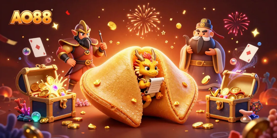 Experience AO88's excitement with this vibrant 3D illustration showcasing thrilling casino elements and golden treasures.