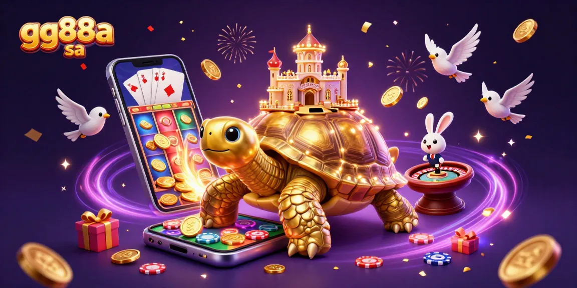 Experience exciting games with gg88a sa featuring a golden tortoise casino, card tables, and golden coins!