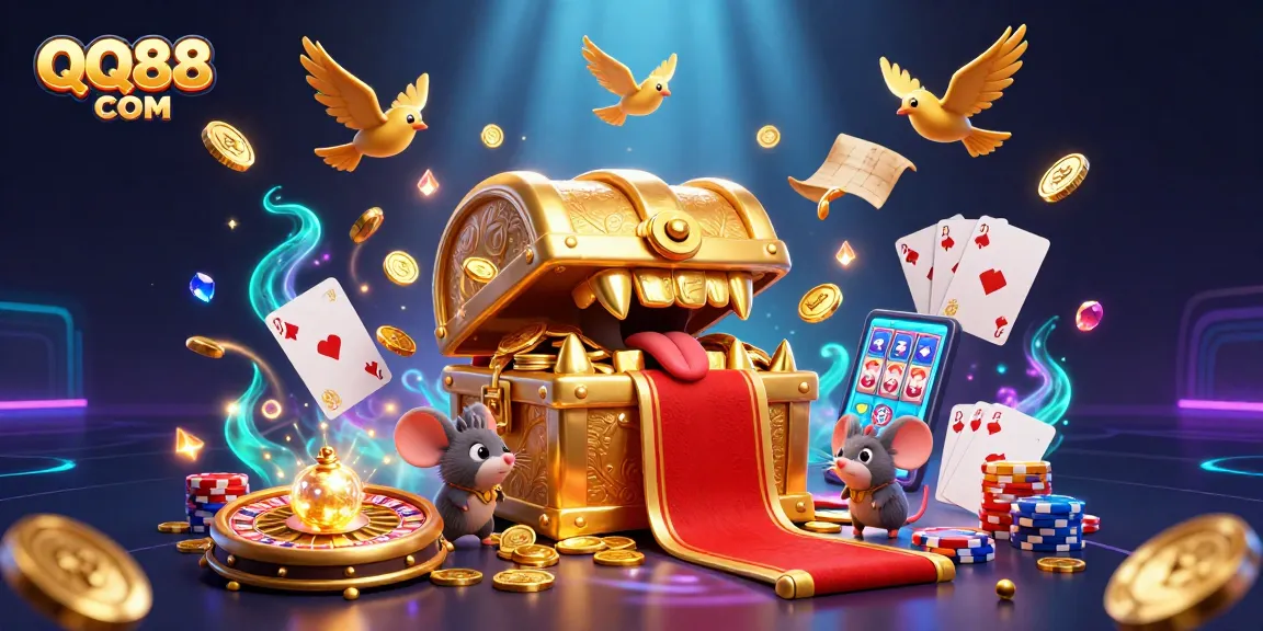 Engage with QQ88 COM's thrilling 3D treasure chest scene filled with cascading gems and dazzling casino elements.